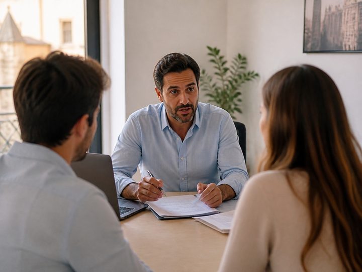 Asesor reunido con una pareja en su despacho